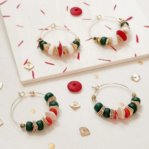 Boho Hoop Earrings Green Stone Beaded Gold Hoops Coral Ivory | Artisan Style - Picture 8 of 10